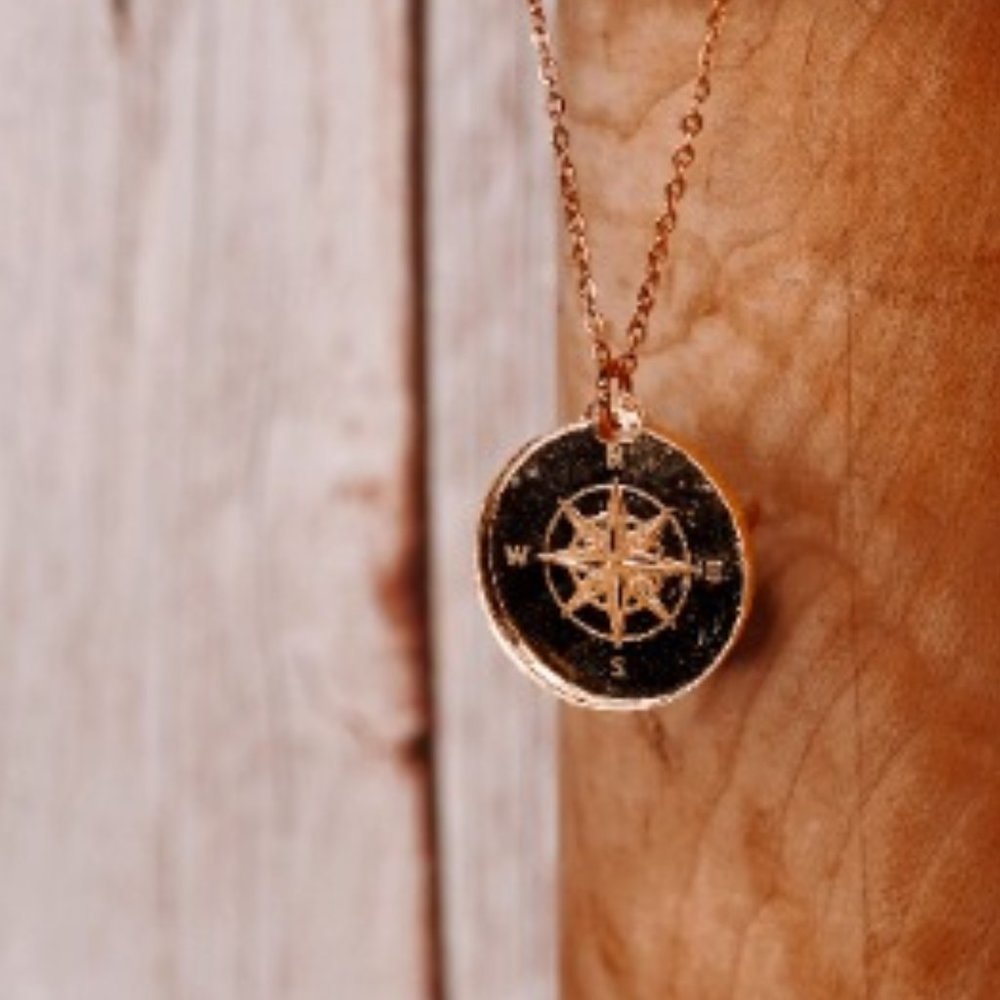 Compass Necklace Rose Gold Acrylic Pendant with 18 inch Rose Gold Chain